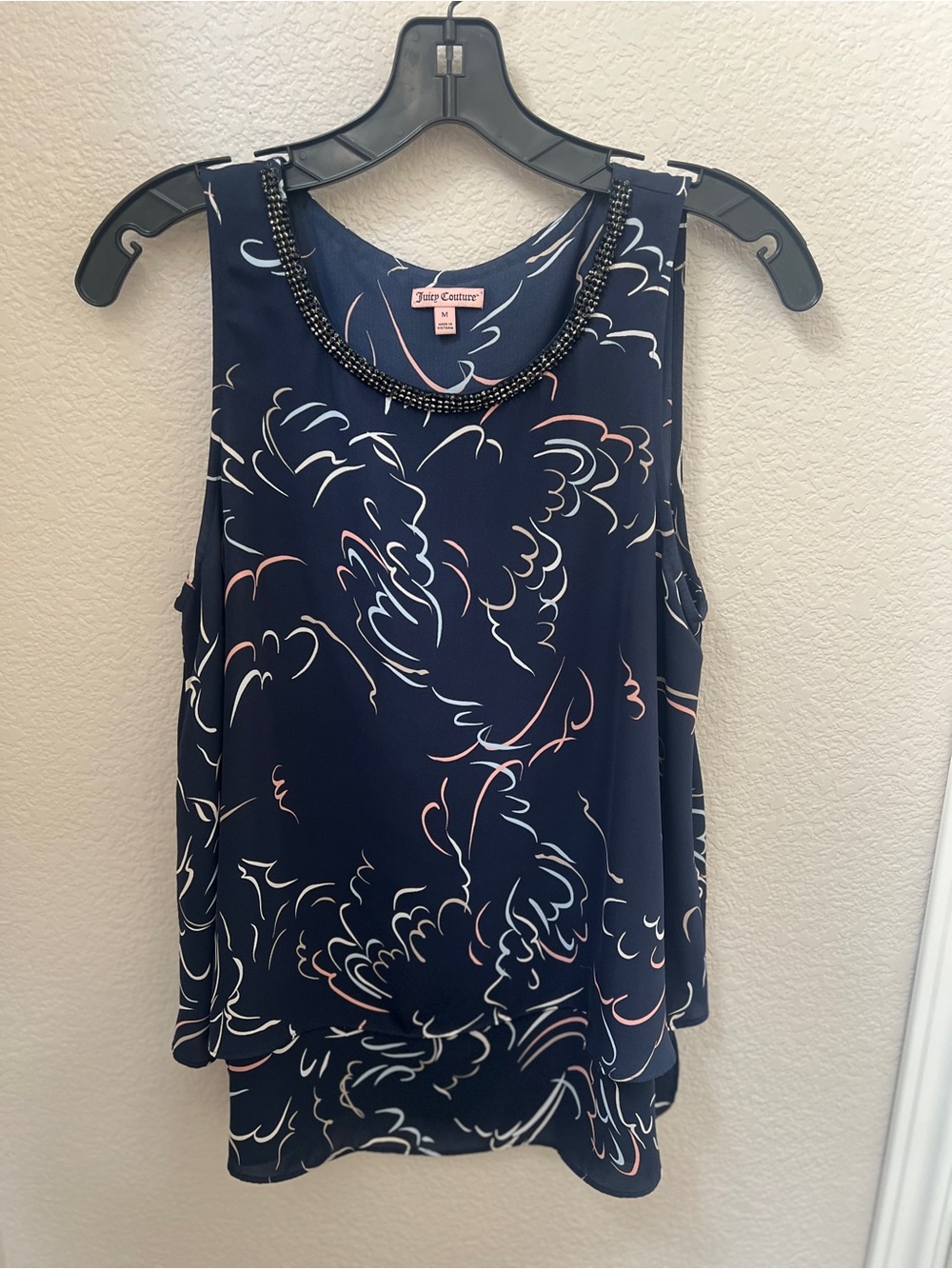 Juicy Couture Navy Beaded-Neck Floral-Print Sleeveless Tank